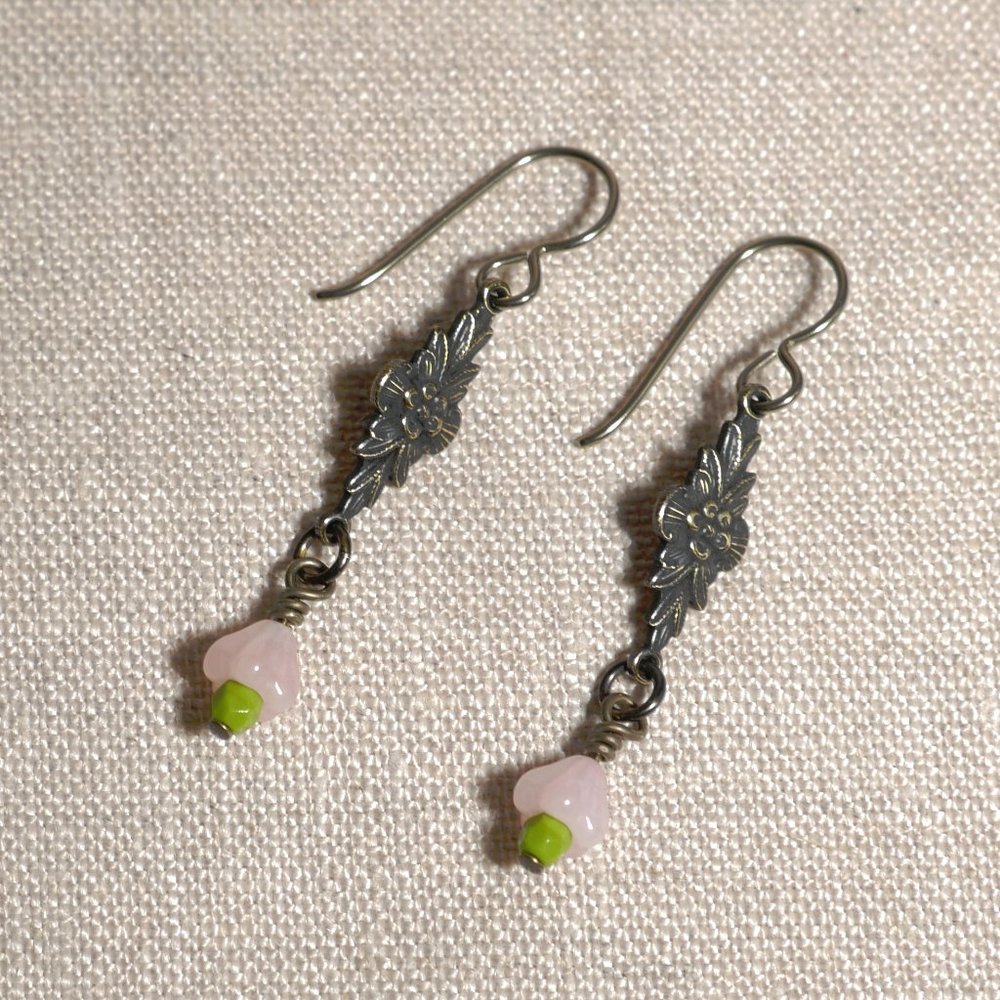 Hand Crafted Handmade Earrings Pink Bell Flower Victorian Style Earrings
